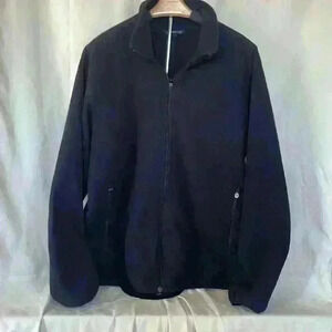 Lands End Mens black fleece jacket with 7 pockets zipper closure